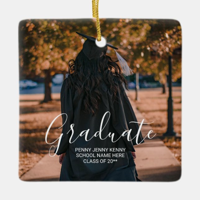 Graduation photo custom modern stylish script  ceramic ornament (Front)