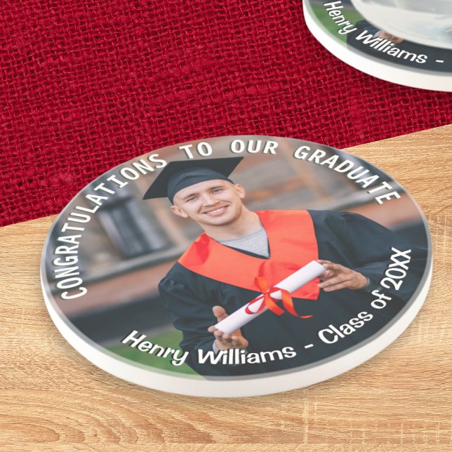 Graduation Photo Custom Text Graduate Keepsake Coaster (A coaster for graduation day with custom photo, name, 'class of' year and congratulations message)