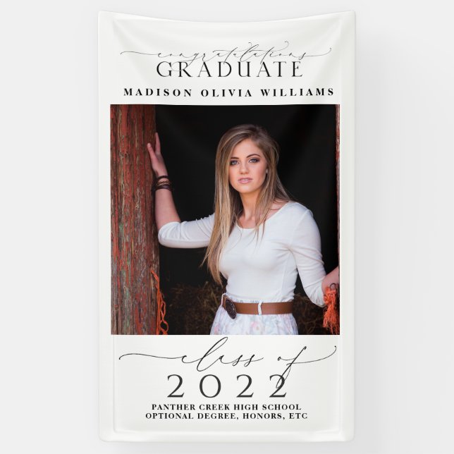 Graduation Photo & Elegant Black Script Class Year Banner (Vertical)