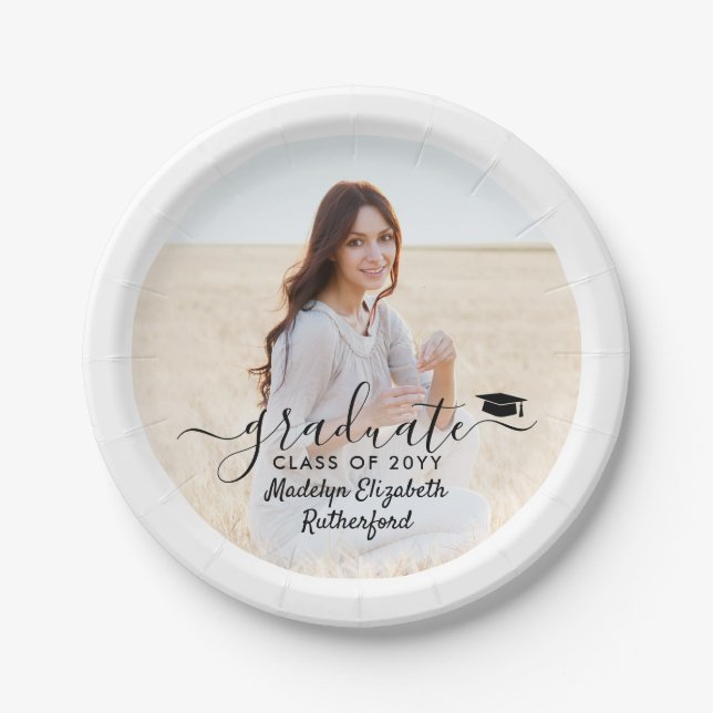 Graduation Photo & Elegant Black Script Class Year Paper Plate (Front)