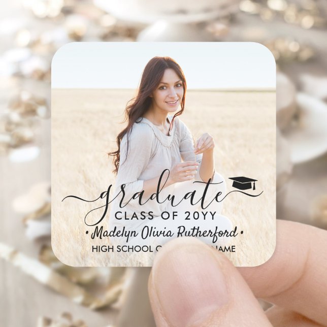 Graduation Photo & Elegant Black Script Class Year Square Sticker (Creator Uploaded)
