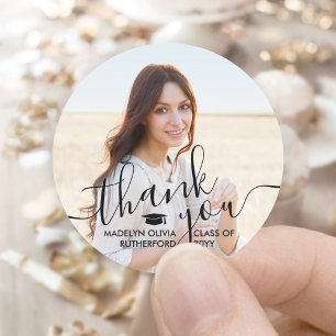 Graduation Photo & Elegant Black Script Thank You Classic Round Sticker