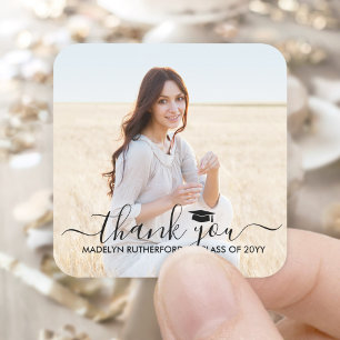 Graduation Photo & Elegant Black Script Thank You Square Sticker