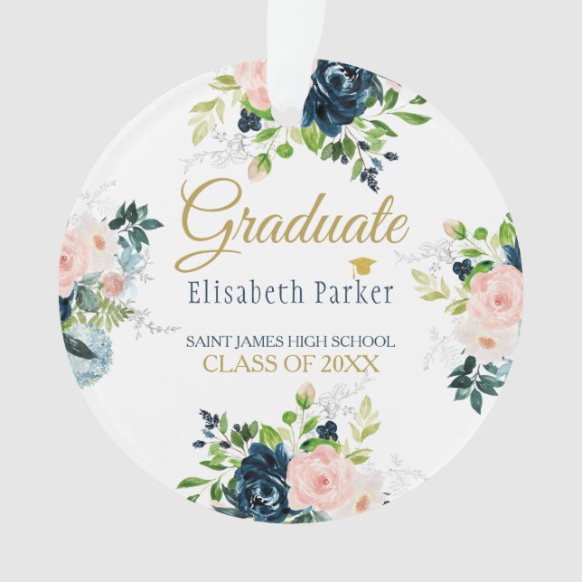 Graduation | PHOTO Elegant floral blue and gold Ornament (Front)