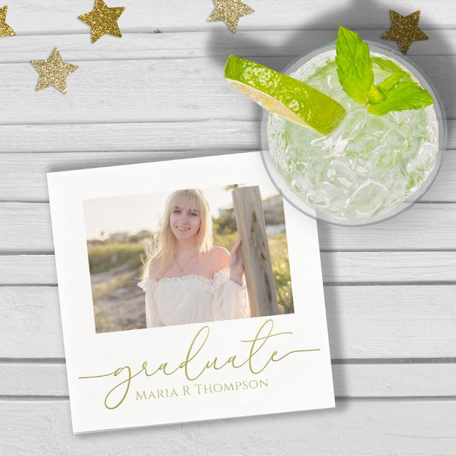 Graduation Photo Elegant Gold Minimalist Script Napkin (Creator Uploaded)