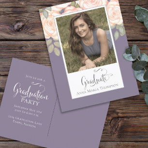 Graduation Photo Elegant Minimalist Floral Purple Postcard