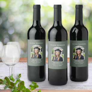 Graduation Photo Elegant Minimalist Sage Green  Wine Label