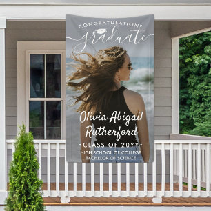 Graduation Photo & Elegant White Script Class Year Banner