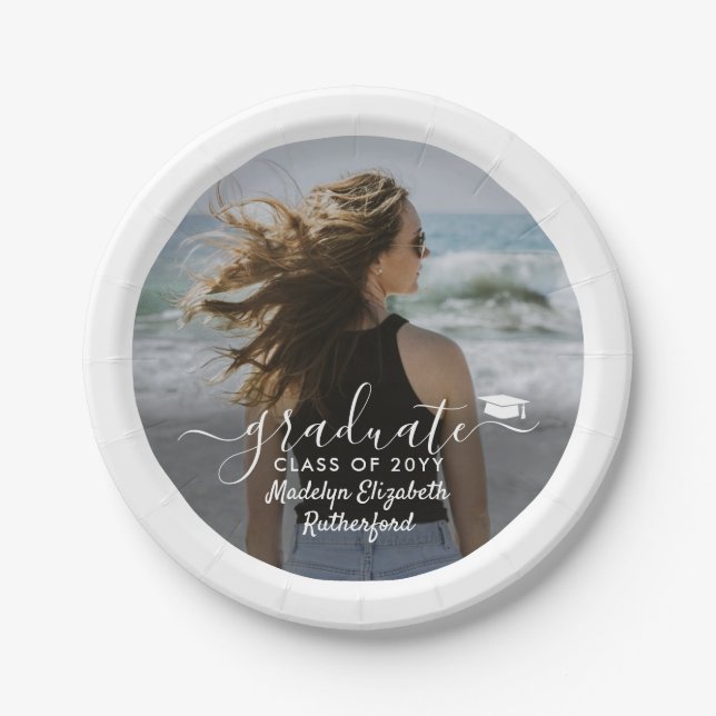 Graduation Photo & Elegant White Script Class Year Paper Plate (Front)