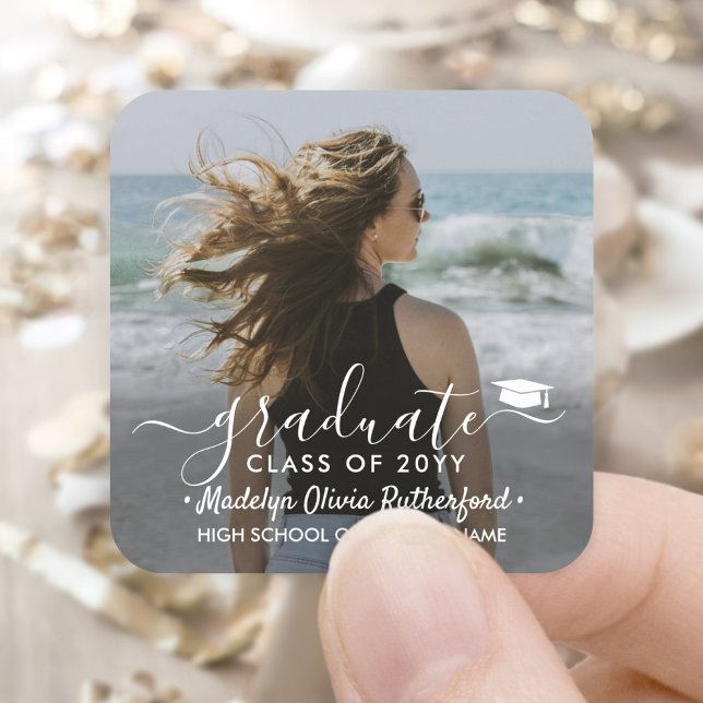 Graduation Photo & Elegant White Script Class Year Square Sticker (Creator Uploaded)