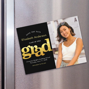 Graduation Photo Gold Black Typography Save Date Magnetic Invitation