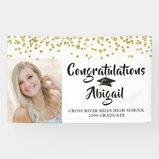 Graduation Photo Gold Confetti Brush Script Banner (Horizontal)