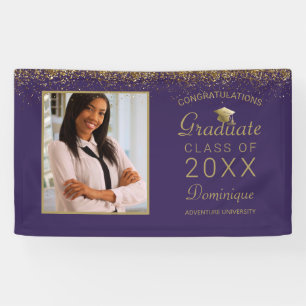 Graduation Photo Gold Glam Script Grad Cap Purple Banner