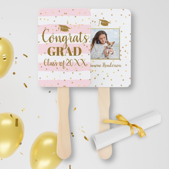 Graduation Photo Gold Glitter Stripe Place Holder Hand Fan (Creator Uploaded)