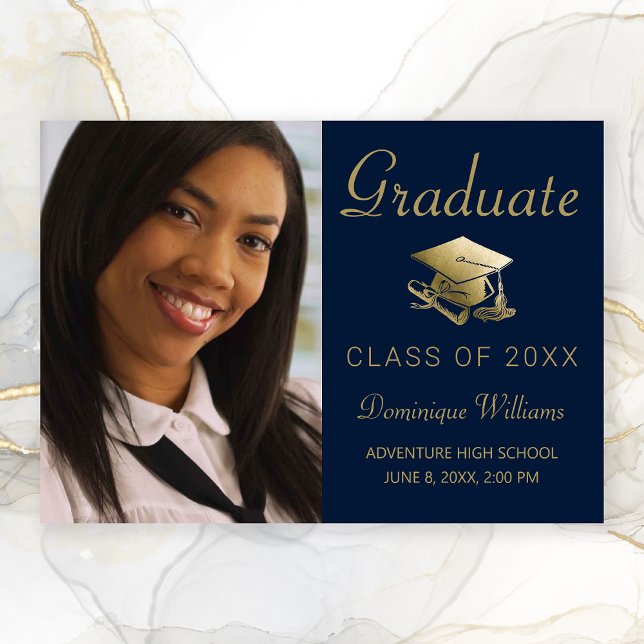 Graduation Photo Gold Grad Cap Diploma Blue Announcement (Navy Blue with Gold Grad Cap Photo Graduation Announcement)