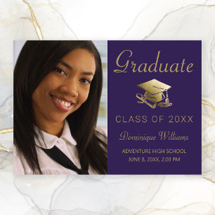 Graduation Photo Gold Grad Cap Diploma Purple Announcement