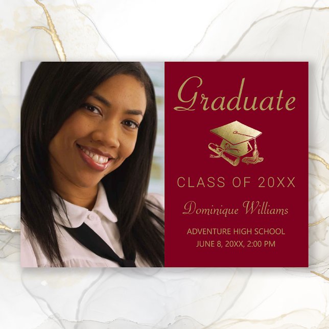 Graduation Photo Gold Grad Cap Diploma Red Announcement (Red and Gold Cap Photo Graduation Announcement)