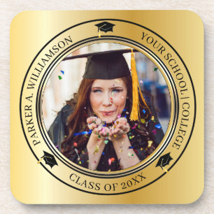 Graduation Photo Gold Tone Grad Cap Class Year Coaster