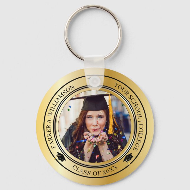 Graduation Photo Gold Tone Grad Cap Class Year Key Ring (Front)