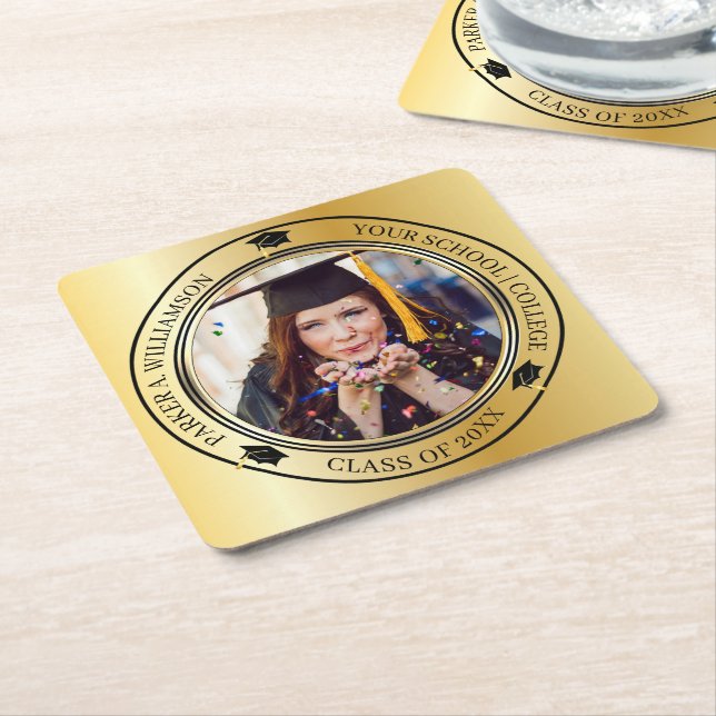 Graduation Photo Gold Tone Grad Cap Class Year Square Paper Coaster (Angled)