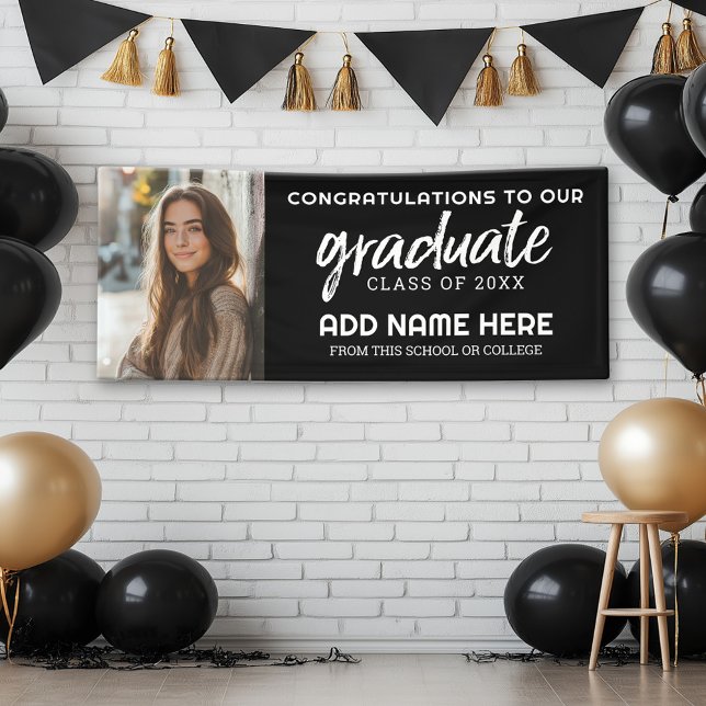 Graduation Photo - Graduate Party - Black Banner (Custom Graduation Banner with Photo and Grad Name)
