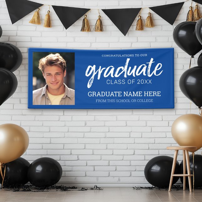 Graduation Photo - Graduate with Royal Blue Party Banner (Custom Graduation Banner with Photo and Grad Name)