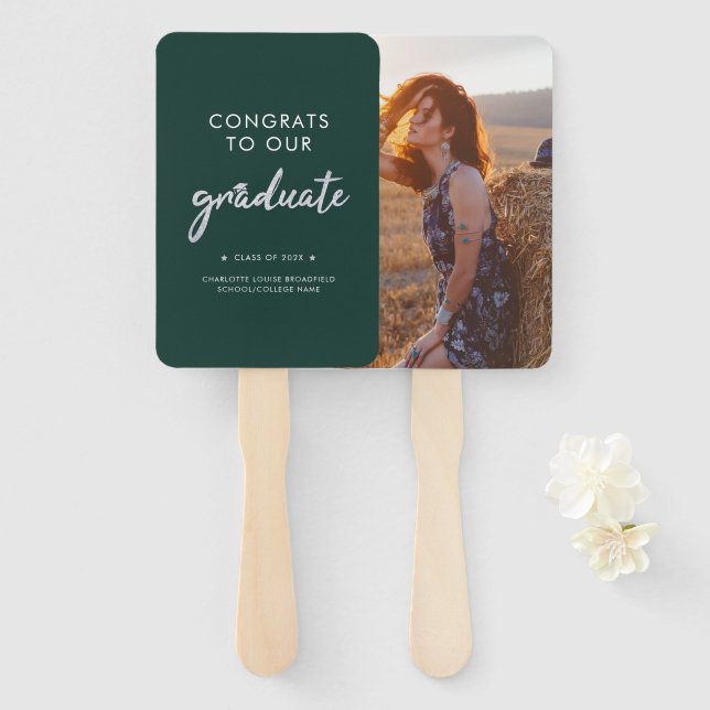 Graduation Photo Green Silver Script 2024 Hand Fan (Front and Back)