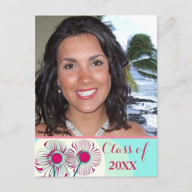 Graduation Photo Invitation Pink Blue Aqua Floral Postcard (Front)
