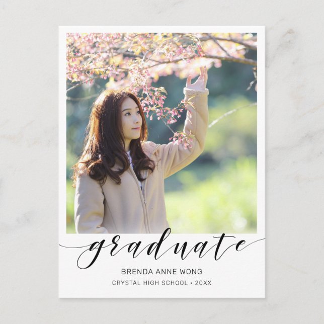 Graduation Photo Modern Black Script 2025 Announcement Postcard (Front)