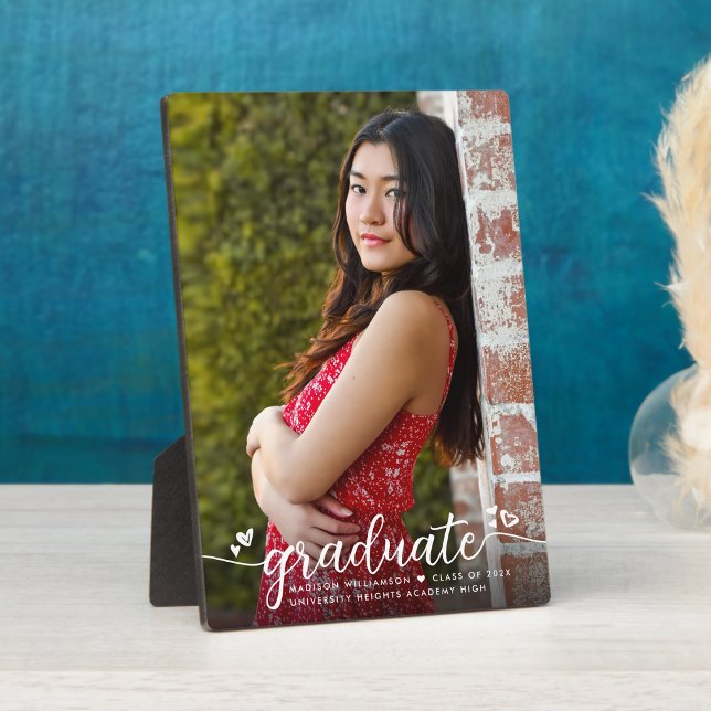 Graduation Photo Modern Elegant Calligraphy Hearts Plaque (Creator Uploaded)