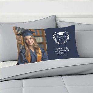 Graduation Photo Modern Elegant Navy Blue Keepsake Lumbar Cushion