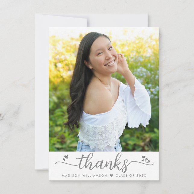 Graduation Photo Modern Elegant Script Heart White Thank You Card (Front)
