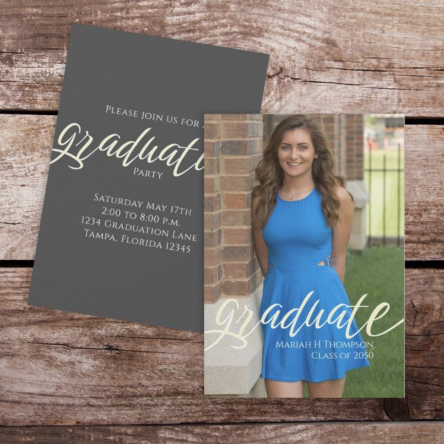 Graduation Photo Modern Minimalist Elegant Script  Invitation (Modern graduation script photo card with elegant typography and clean layout.)