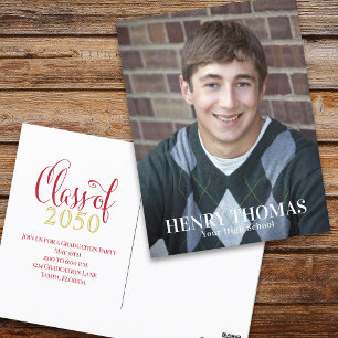 Graduation Photo Modern Minimalist Red Script Postcard