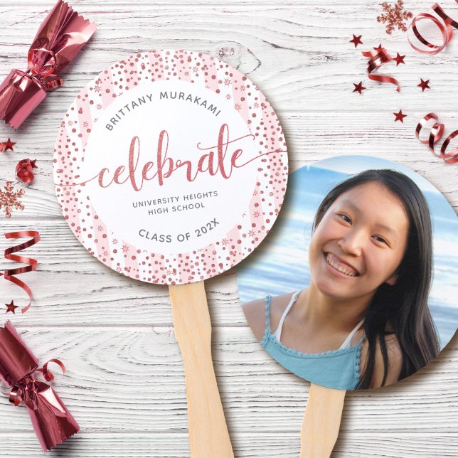 Graduation photo modern rose gold script keepsake hand fan (Creator Uploaded)