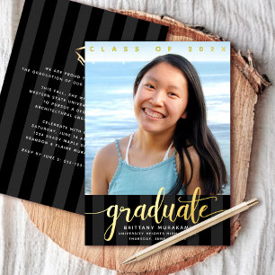 Graduation photo modern script black real gold