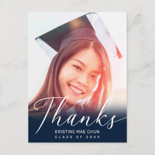 Graduation Photo Modern Script Blue Thank You Postcard