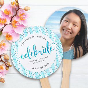 Graduation photo modern turquoise script keepsake hand fan
