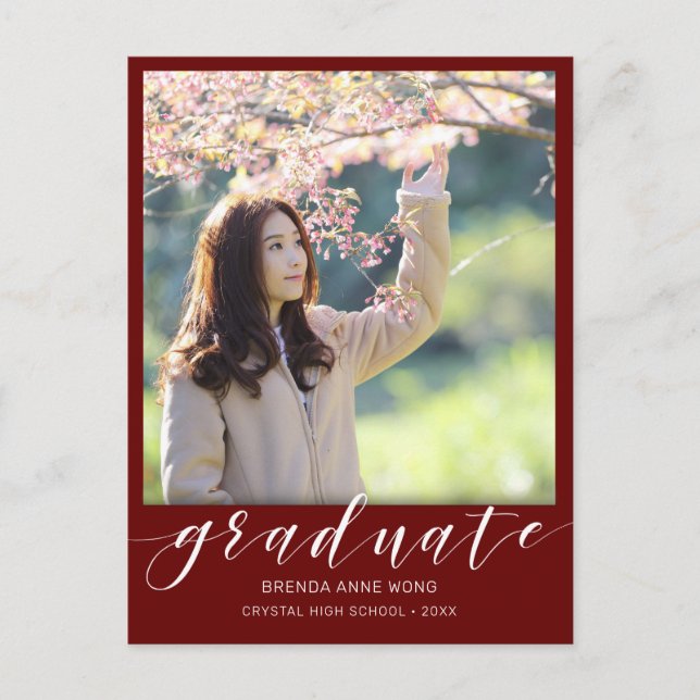 Graduation Photo Modern White Script Maroon 2023 Announcement Postcard (Front)