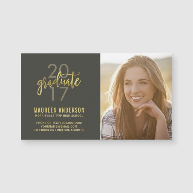 Graduation Photo Name Cards Faux Gold Grad (Front)