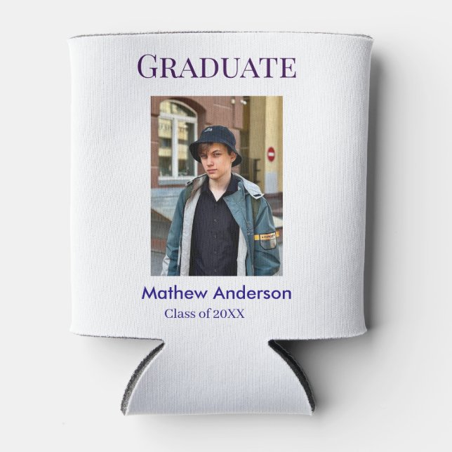 Graduation photo name class of 20XX blue simple bo Can Cooler (Front)