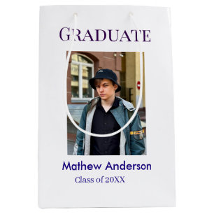 Graduation photo name class of 20XX blue simple bo Medium Gift Bag
