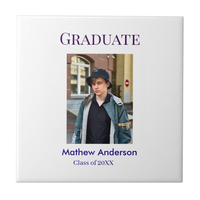 Graduation photo name class of 20XX blue simple bo Tile (Front)