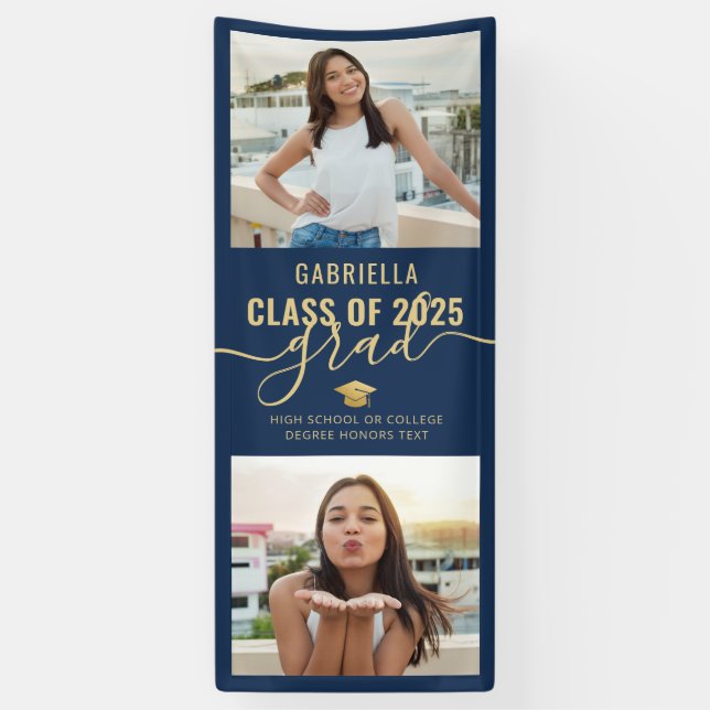 Graduation Photo Navy Blue Gold Elegant Banner (Vertical)