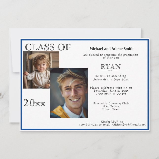 Graduation Photo Navy Blue & White   Invitation (Front)