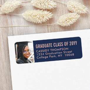 Graduation Photo Navy & Pink Modern Return Address