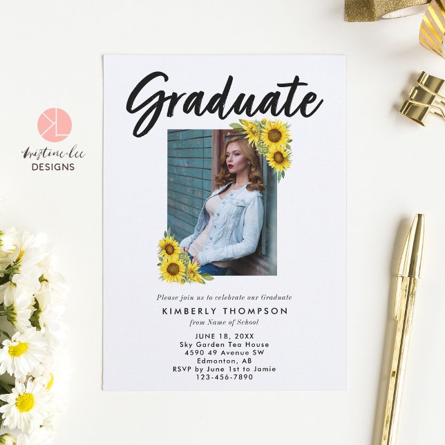 Graduation Photo Party celebrate Sunflower Script Invitation (Creator Uploaded)