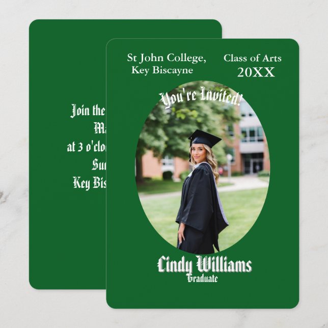 Graduation photo party invitation green oval frame (Front/Back)