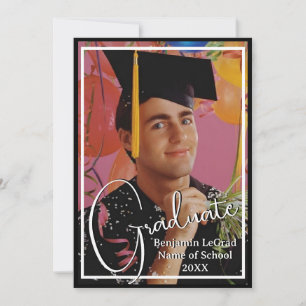 Graduation Photo Personalised Note Black and White Invitation