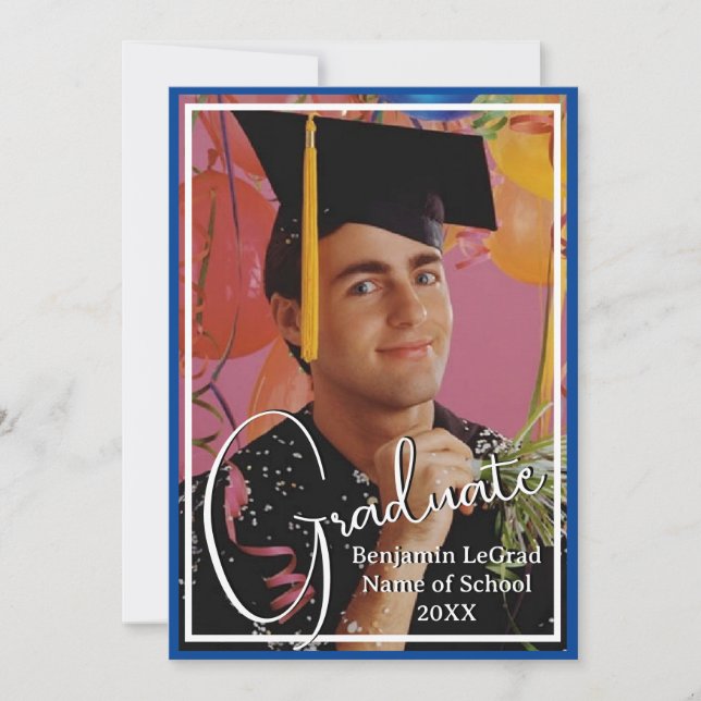 Graduation Photo Personalised Note Blue and White Invitation (Front)